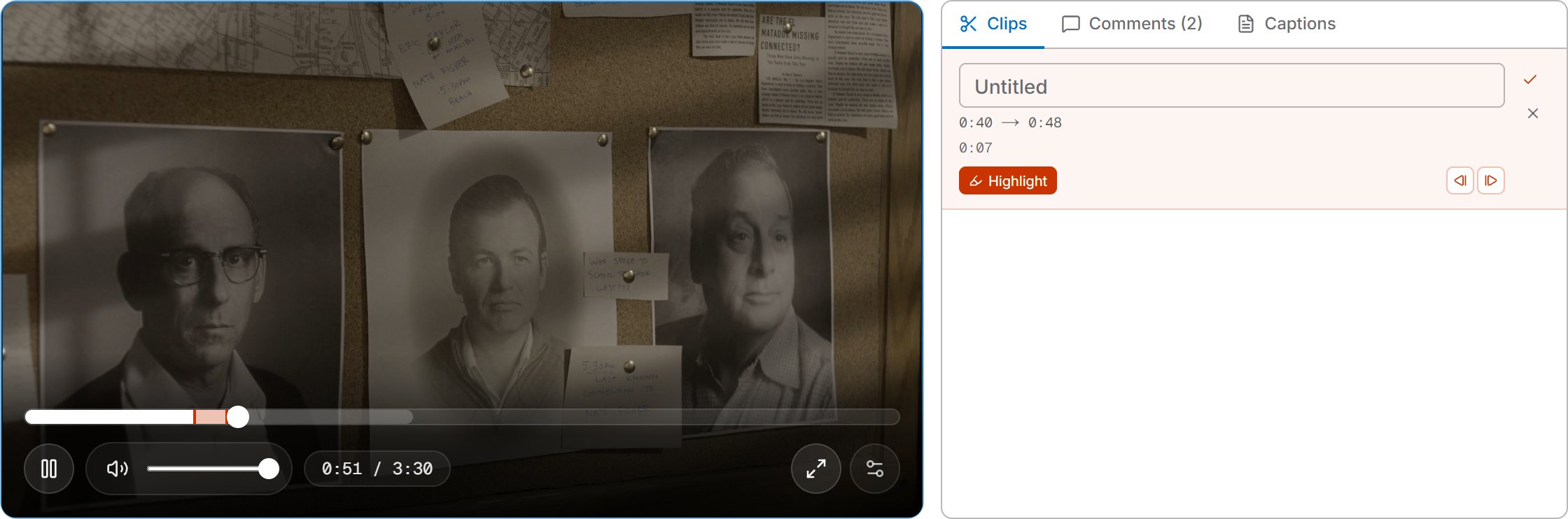 A clip being marked: the in and out range on the timeline and the Clips panel with the new clip