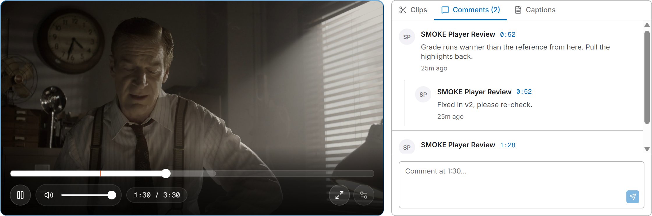 Comments pinned to timecodes on the timeline and threaded in the side panel