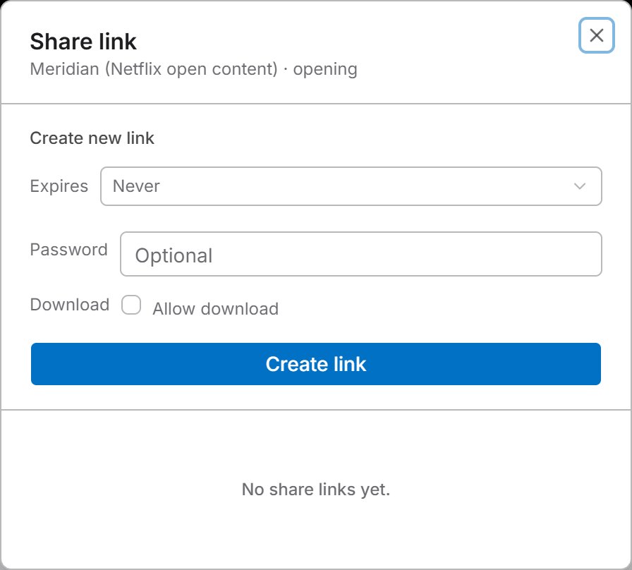 The share link dialog with expiry, password, and download options